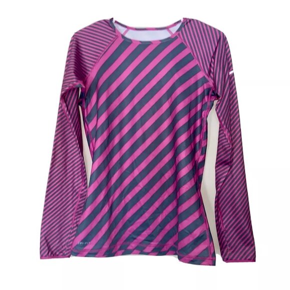 Nike Tops - Nike Pro Pink Gray Striped Long Sleeve Dri-Fit Crew Neck Athletic Top Medium M
